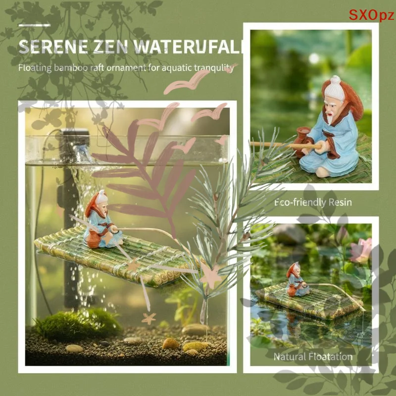 1 Set Feeding Platform Floating Bamboo Raft Fishing Ornament For Miniature Landscape Decoration Garden Statue Outdoor Decor