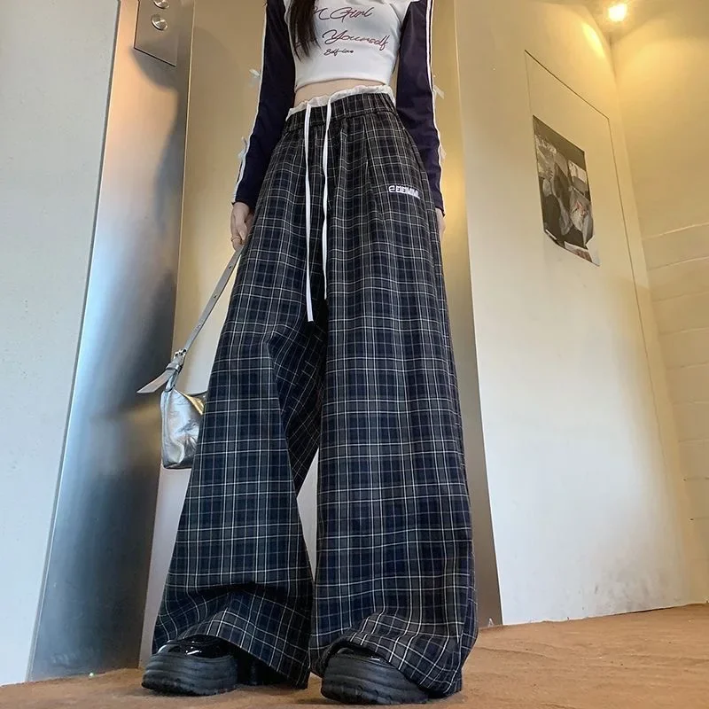 بنطال أمريكي عتيق منقوش بأرجل واسعة، عالي الخصر للربيع/الصيف، فضفاض، كاجوال، مستقيم الساق، بطول الأرض