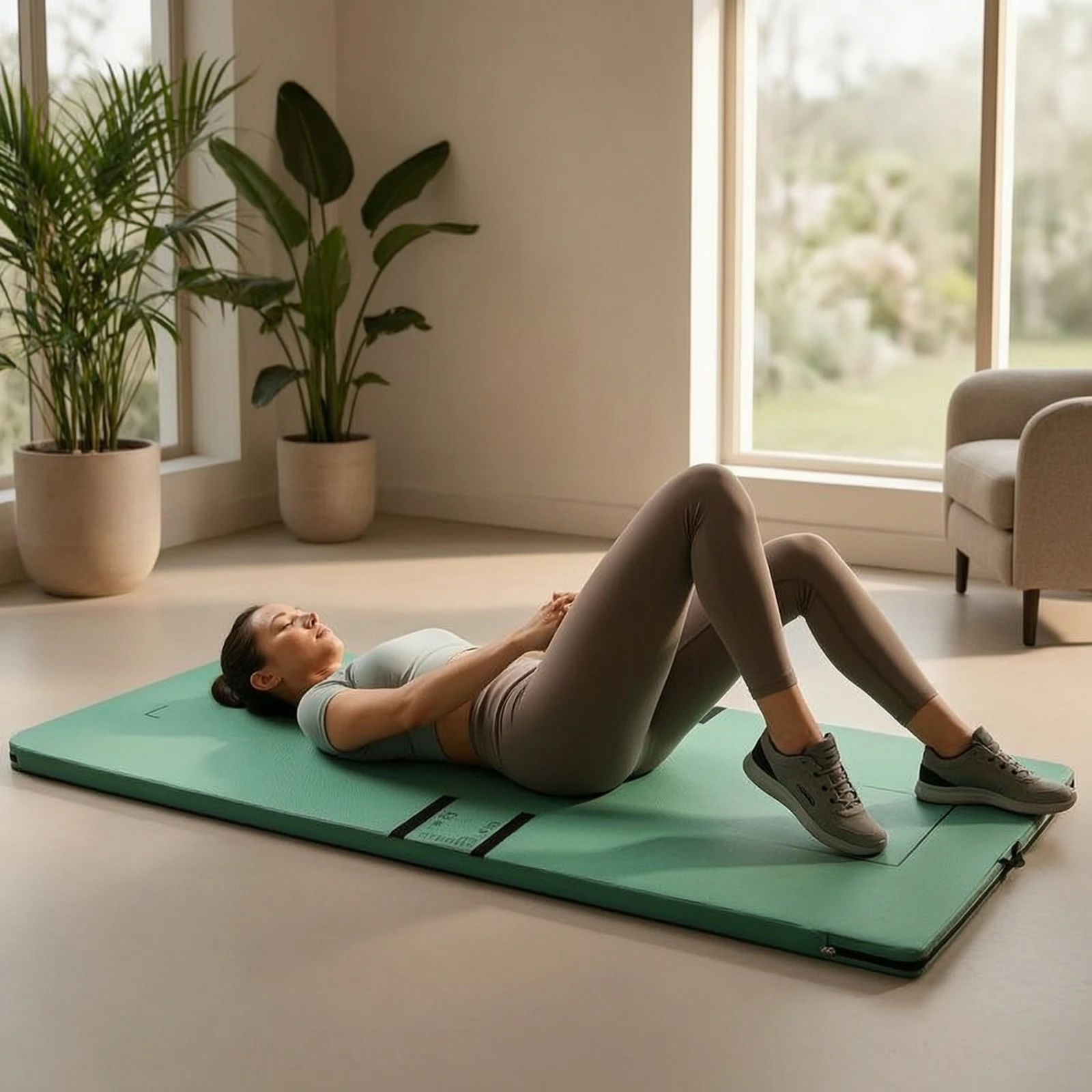 Workout Mat with Alignment Lines Padded Tri-Fold Exercise Mat Foldable Portable for Floor Workouts, Home Gym