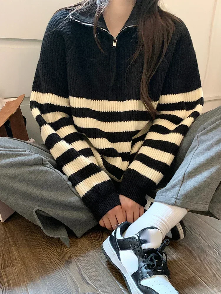 Women\'s Turtleneck Knit Zipper Sweater Woman Winter 2024 Loose Oversize Jumper Black White Stripe Korean Fashion Pullover Women