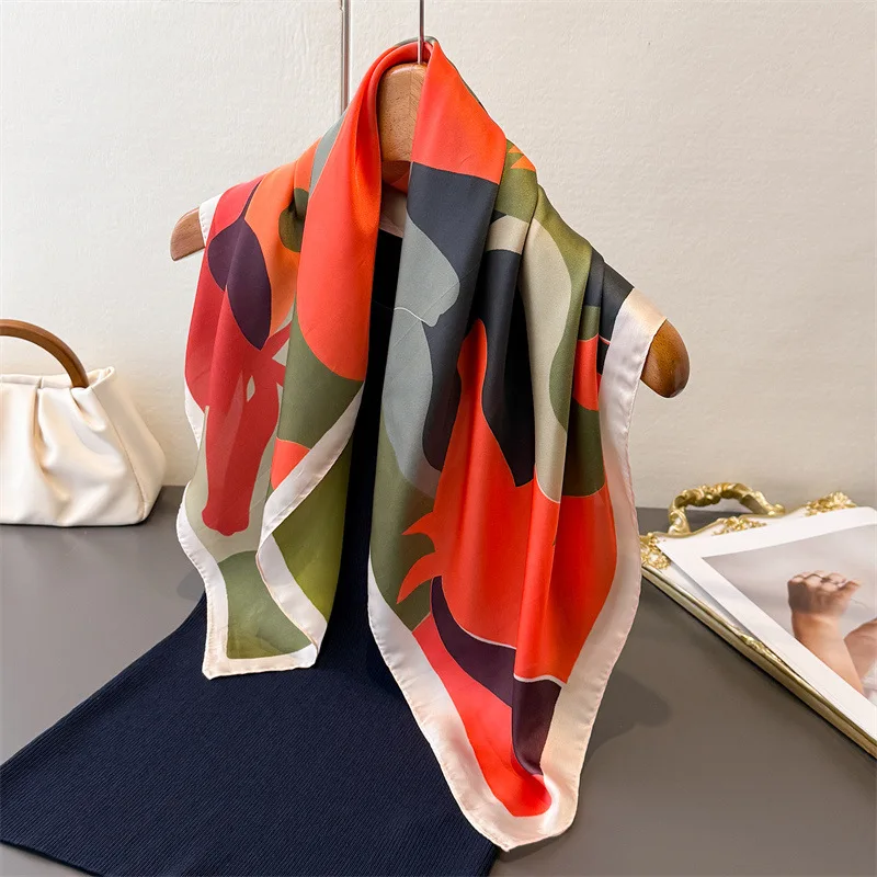 2026 New Women Square Scarf Imitation Silk Floral Print Neckerchief Bandana Lady Shawl Scarves Wrap Head Hair Band Ties view 3