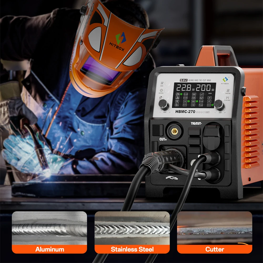 HITBOX 270A 6 في 1 ماكينة لحام الألومنيوم بدون غاز/غاز MIG/HF TIG/قاطع البلازما 40A/عصا/بقعة 2T/4T أداة لحام متعددة العمليات