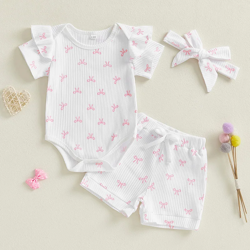 

Suefunskry Baby Girl Summer Outfits Bow Print Short Sleeve Romper + Elastic Waist Shorts + Headband 3 Pcs Set