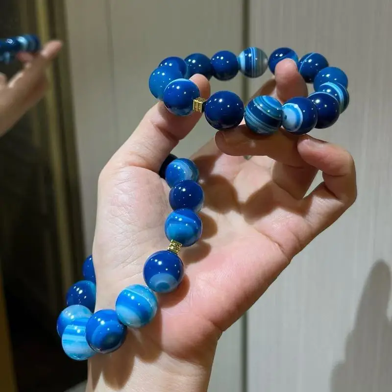 14mm large natural blue chalcedony agate bracelet