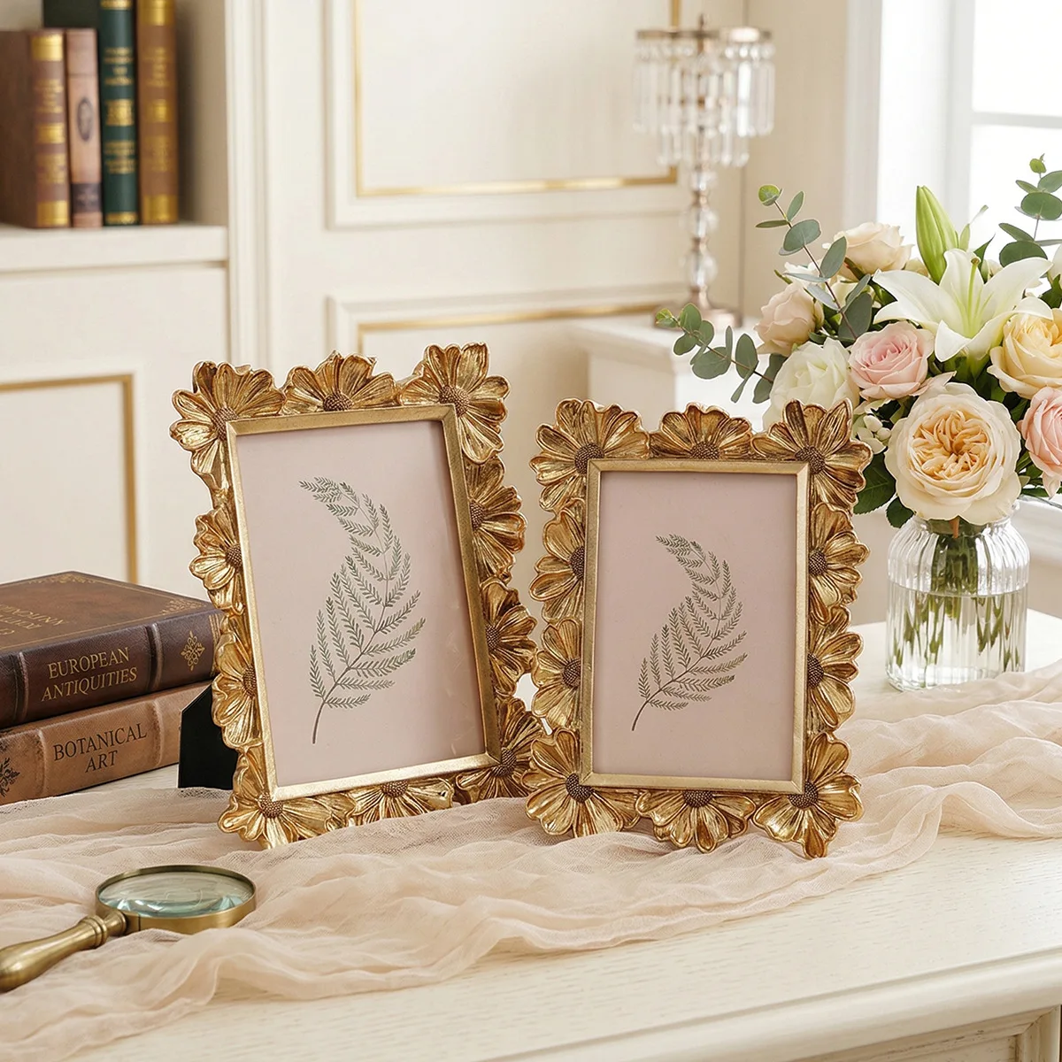 French-style gold floral carved photo frame, light luxury daisy lace tabletop display frame for wedding photos, desktop