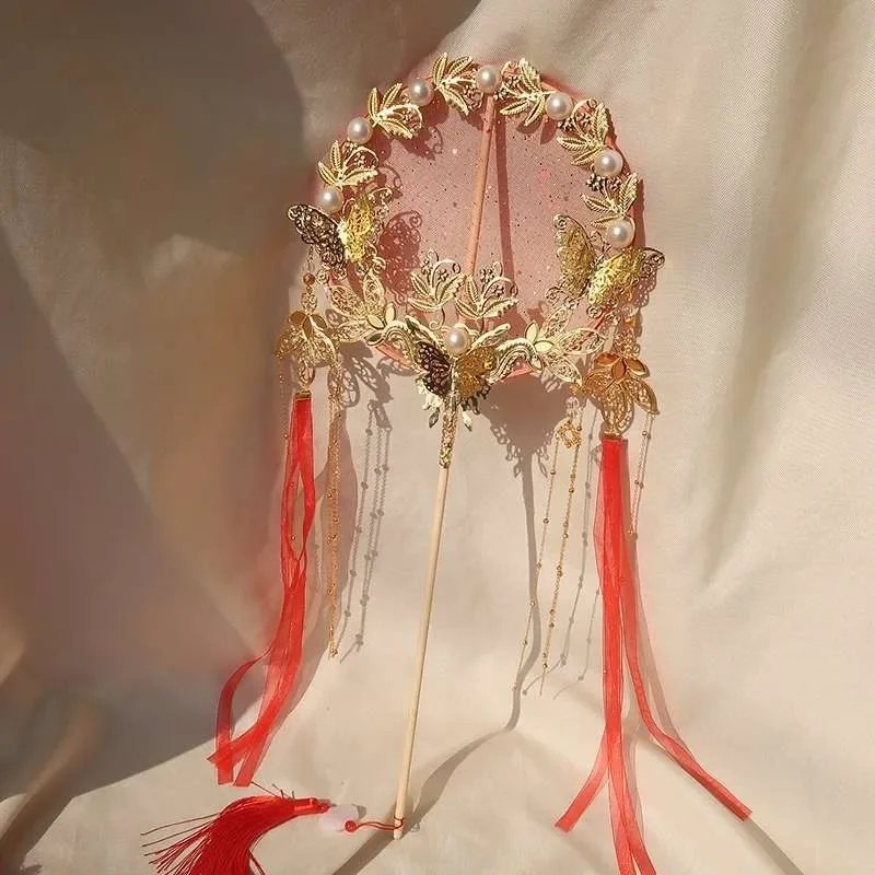 Chinese Style Handcraft Round Fan Ancient Long Handled With Tassel Palace  Cloud Breaking Classical Hanfu Fan