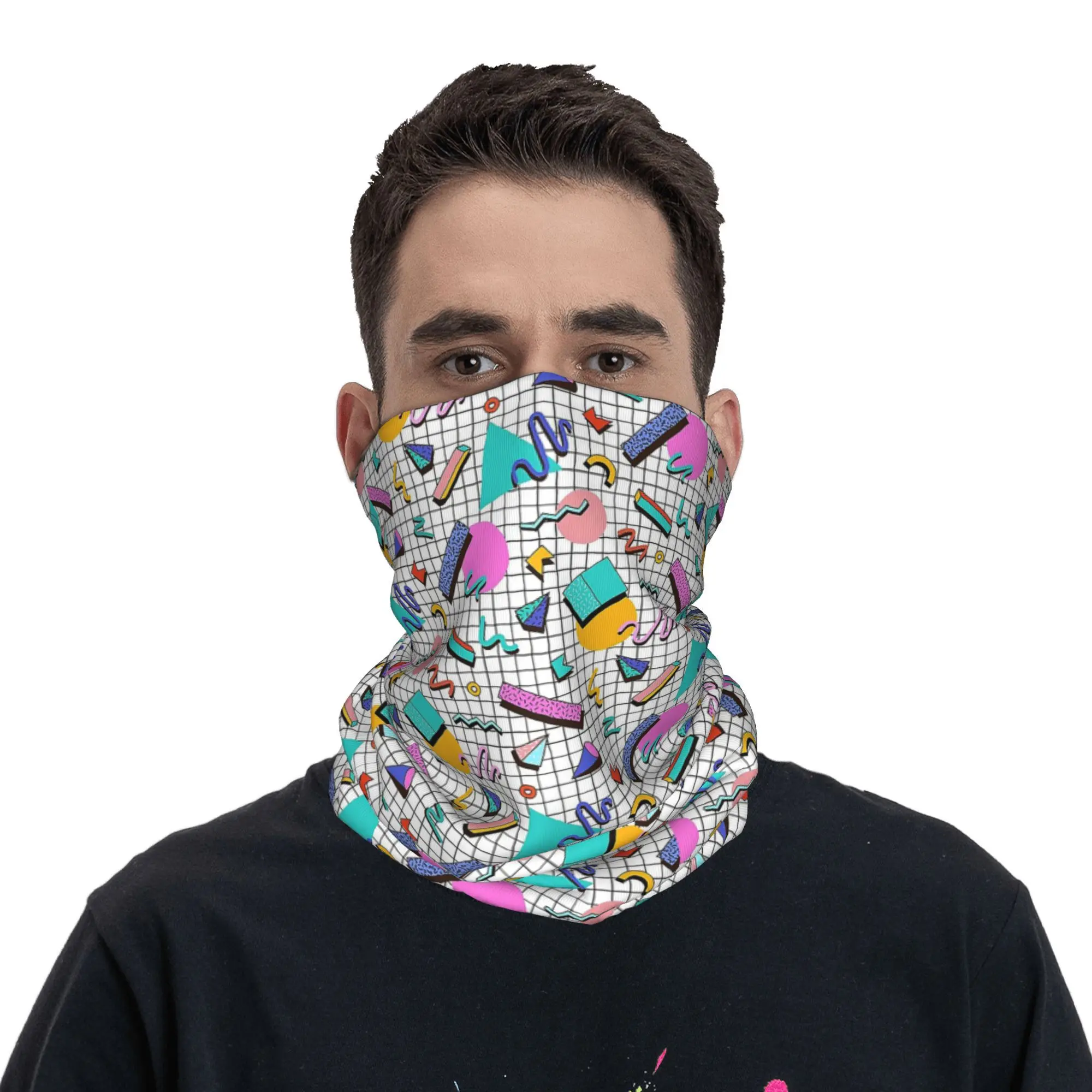 Funky 80S Eighties Memphis Pola Desain Bandana Penutup Leher Syal Wajah Cetak Balaclava Mendaki Memancing Uniseks Dewasa Bernapas