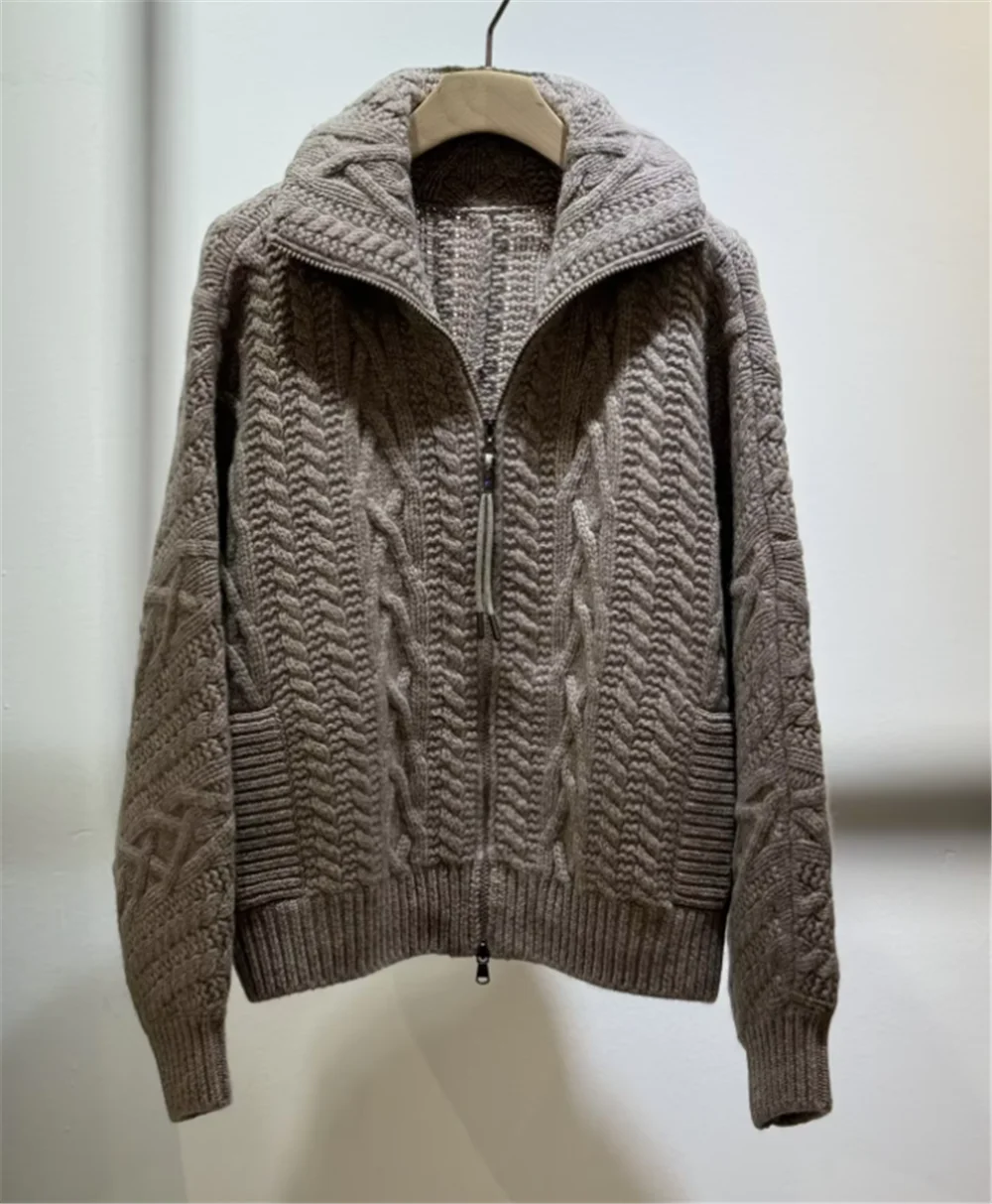 Autumn B*C Women\'s Knitted Cardigan Jacket Beading Lapel Zip-Up Cashmere Wool Sweater