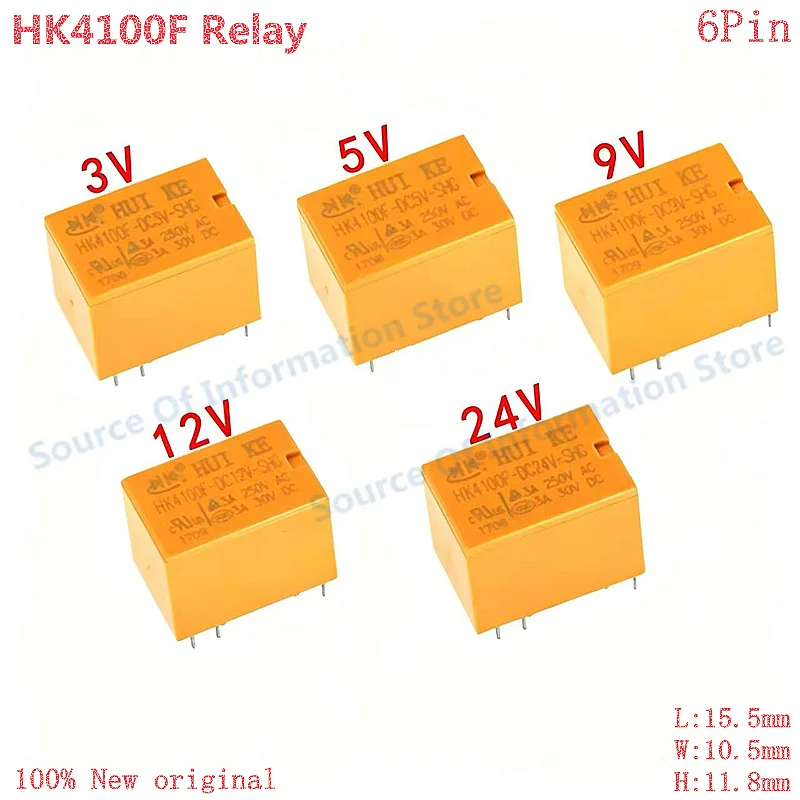 10Pcs HK4100F-DC12V-SHG HUI KE HK4100F Series 3V/5V/9V/12V/24V 3A 6Pin Mini Electromagnetic Relay