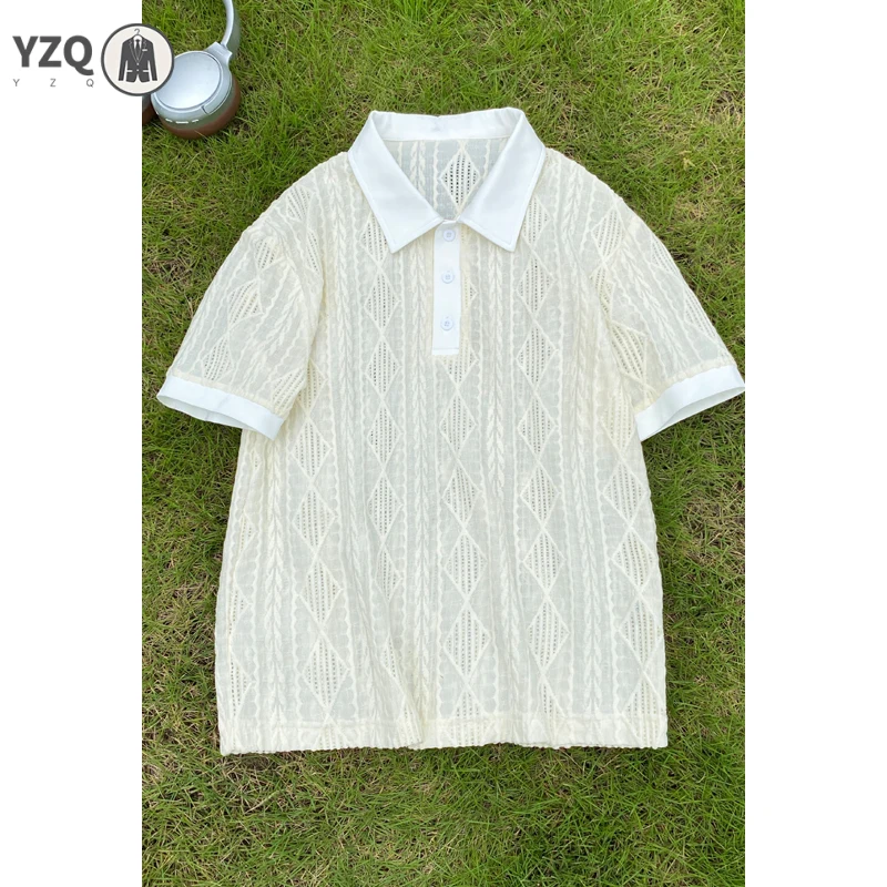 Male Summer Breathable Diamond Jacquard Polo Shirt Short Sleeve Lapel Collar Relaxed Cut For Weekend Hangout Daily Matching