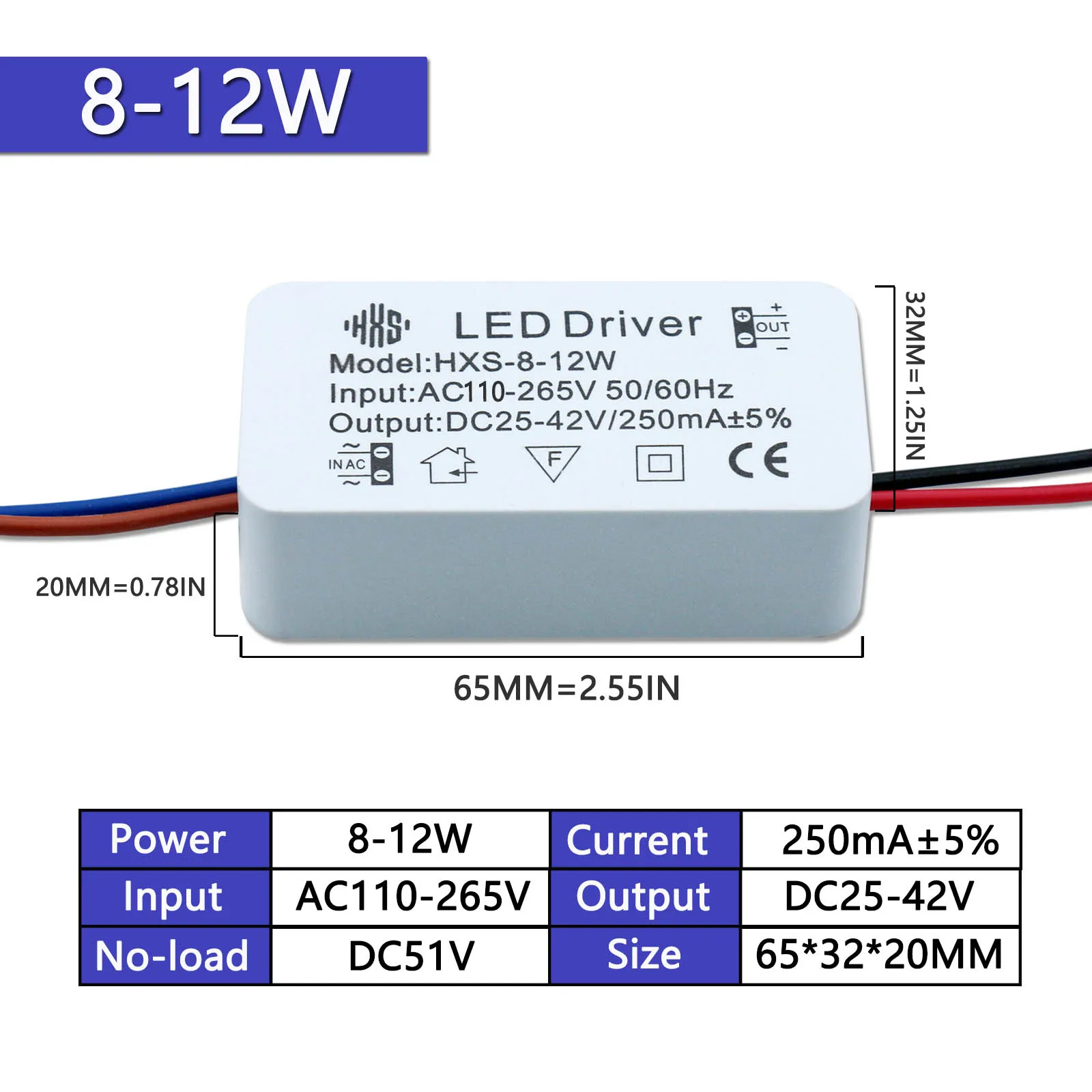 Transformateur de courant Constant pour projecteur, pilote d\'isolation LED, 2-3W 3-5W 4-7W 8-12W 13-18W 18-24W, 250mA, AC110-265V