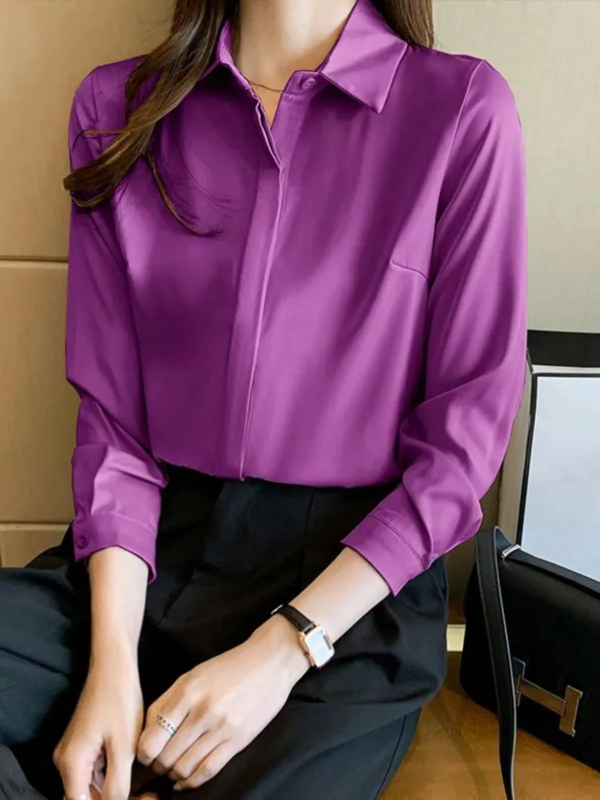 Simple Long Sve Damen irt Pure Color Street Sle Button up Slim Fit Casual Faion Autumn Collection