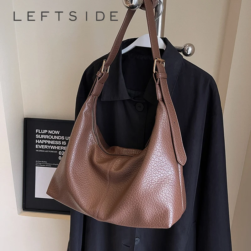 

LEFTSIDE Fashion Women's Simple Big Leather Shoulder Bag Ladies Handbags and Purses 2023 Y2K New Retro High-capacity Hobo Bag