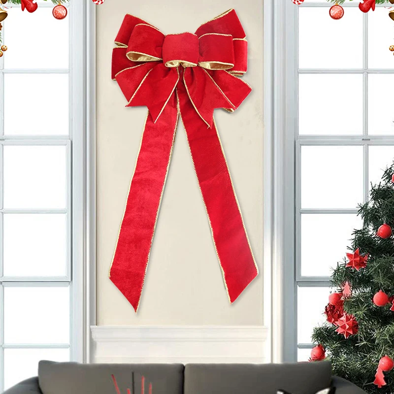 60cm Christmas Bows Outdoor Decorations Christmas Tree Topper Velvet Bow with Glitter Gold Edge for Xmas Home Door Wall Decor
