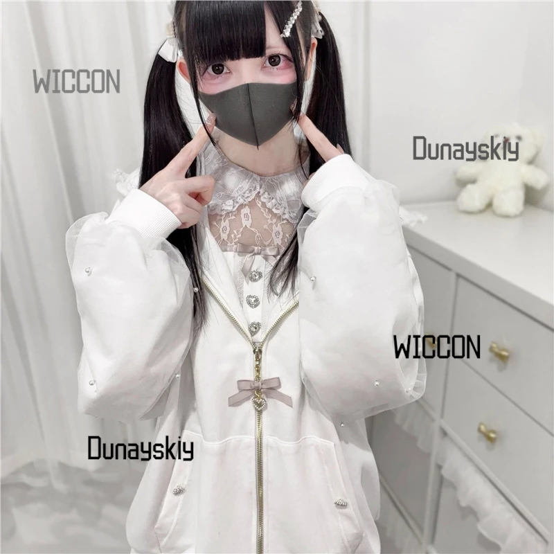 Jirai Kei Japanese Bunny Hoodie Y2K Rabbit Ear Cosplay Costumes Lolita Jacket Bow Pearl JK Lace Kawaii Zipper Cardigan Top view 3