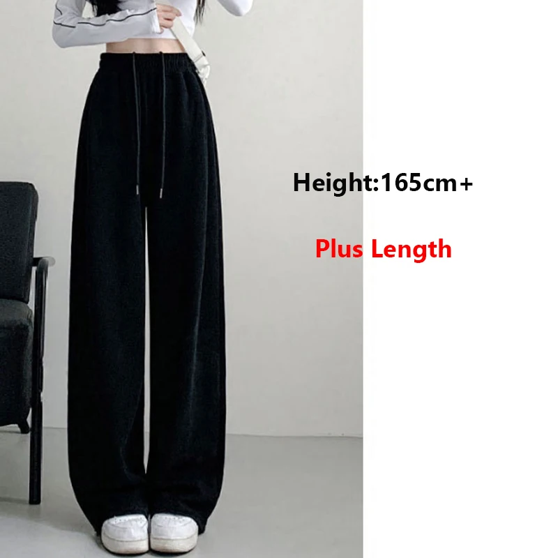 Novo outono feminino casual cintura alta calças compridas senhora estilo coreano sólido algodão elástico perna larga reta streetwear