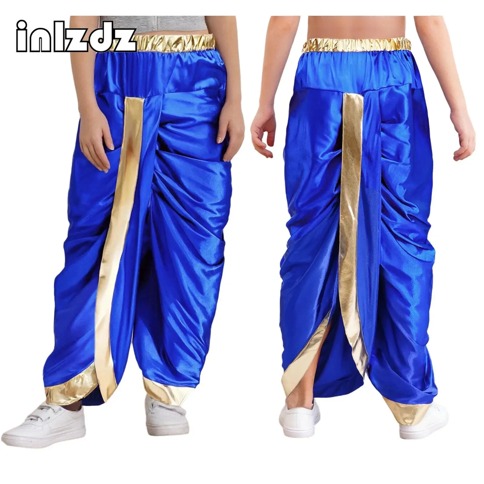 

Boys Indian Traditional Trousers Halloween Arabian Prince Cosplay Costume Metallic Trim Satin Dhoti Pants Theme Party Dress-up