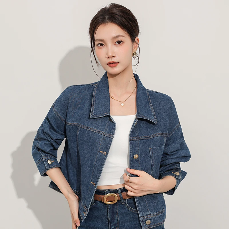 

Loose Striped Denim Jaet Women's Casual ort Top for Small Figures 2025 Autumn New Sle Versatile Cotton Polyester Blend
