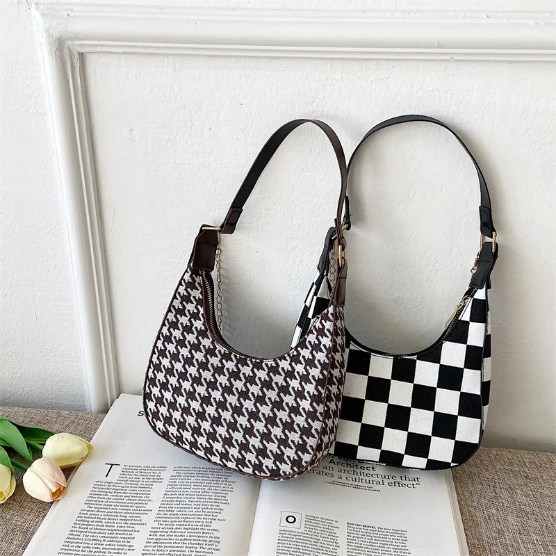 Fashion Women PU Leather Thin Chain Shoulder Crossbody Half Moon Bags Vintage Leopard Checkerboard Houndstooth Printed Handbag