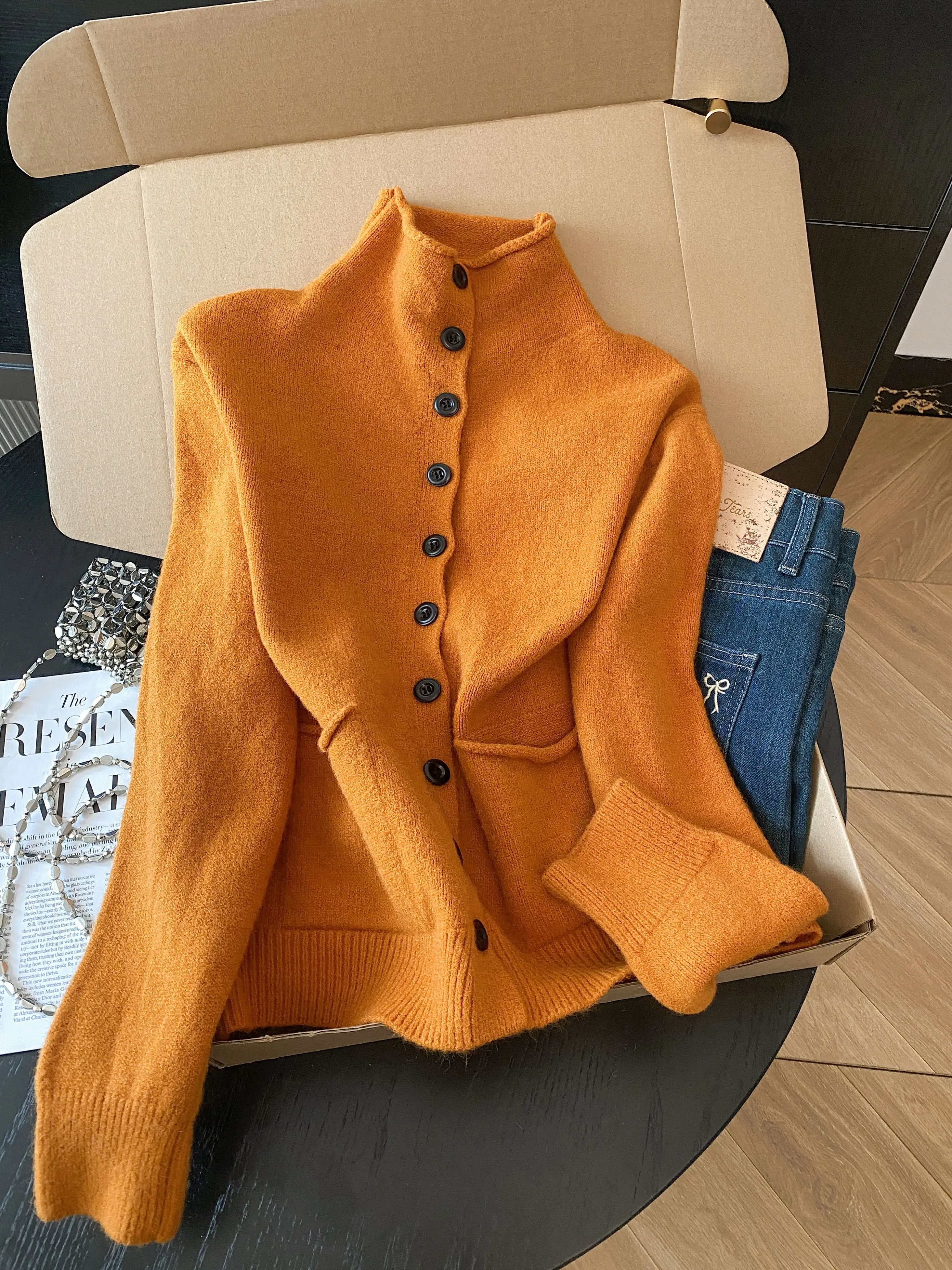 

Женский вязаный кардиган, высококачественный мягкий липкий свитер с воротником-стойкой, новинка зимы