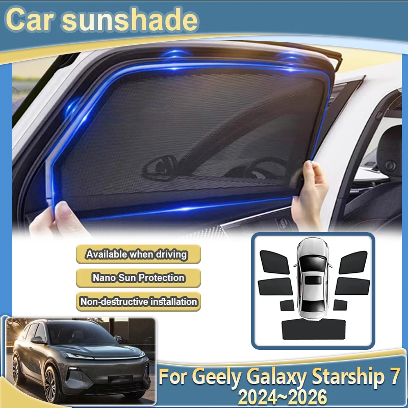 

For Geely Galaxy Starship 7 EM-i P145 2024 2025 2026 Car Mesh Sun Shade Side Auto Sunshade Curtain Windshield Cover Accessories