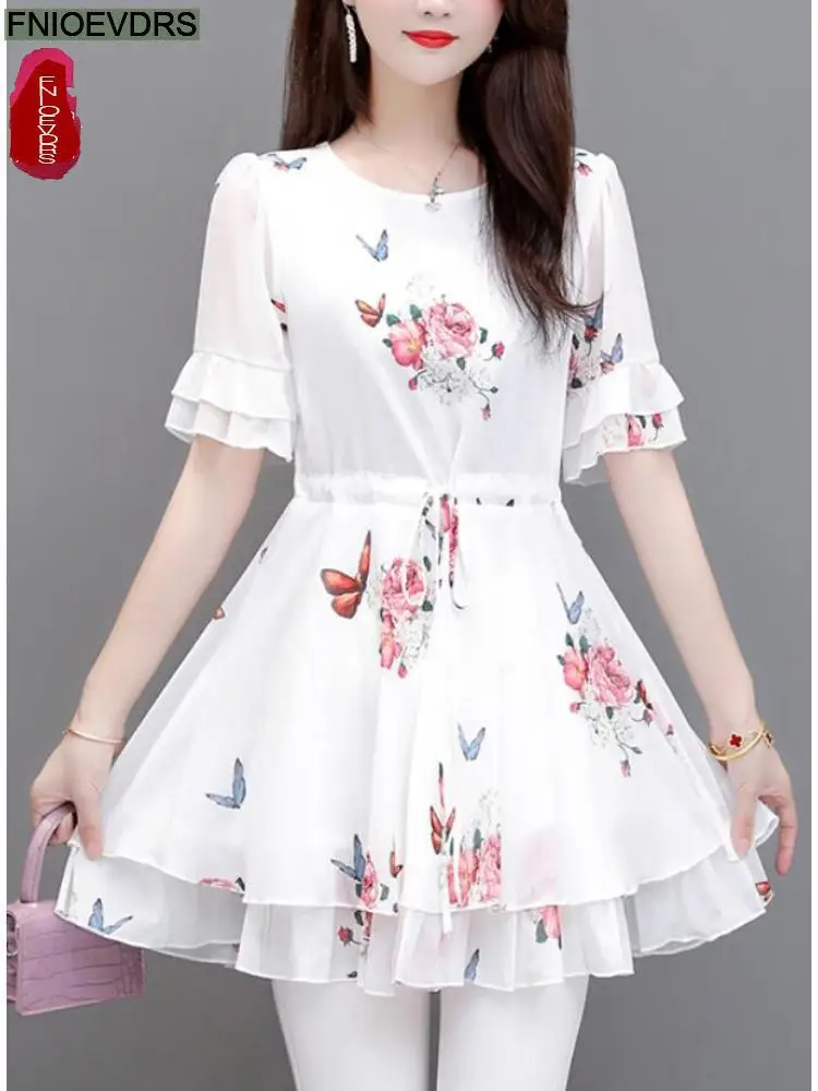 2022 Women Retro Elegant Office Lady Vintage Loose Floral Ruffles Peplum Tops Belly Drawstring Long Tunic Basic Shirts Blouses