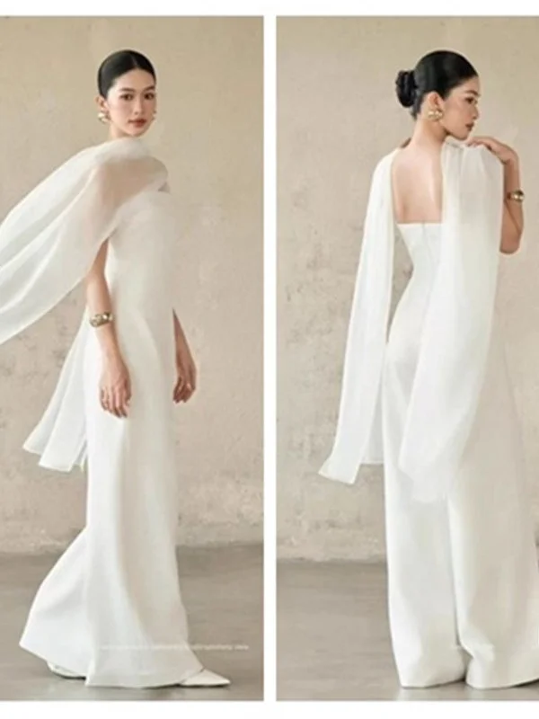 

Модный белый топ-бюстье на одно плечо с кружевом и повседневные брюки с высокой талией и широкими штанинами из высококачественного полиэфирного волокна