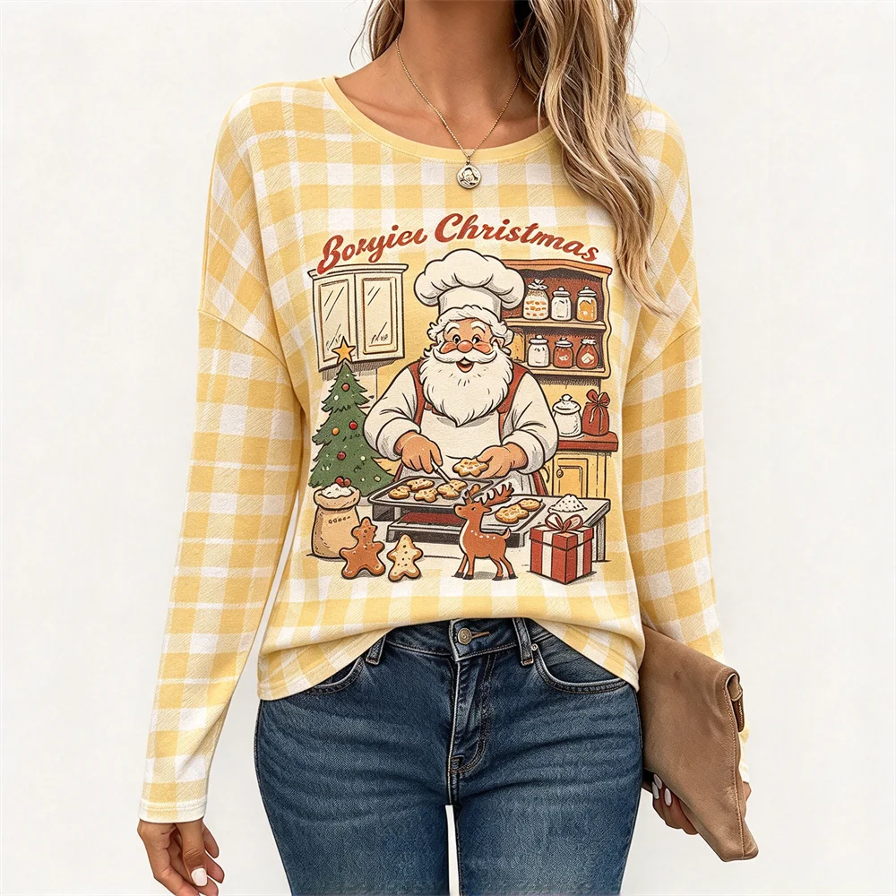 Women Christmas Santa Scene Print Long Sleeve T-shirt Plaid Stripe Tops Xmas Graphic Pullover Gift Ladies Soft Comfort Tee Shirt