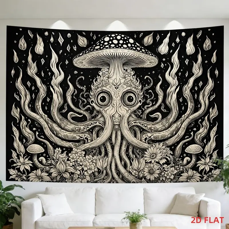 VIKAMA Psychedelic Octopus Mushroom Tapestry Black White Trippy Surreal Wall Hanging Dark Fantasy Art Decor for Bedroom Dorm