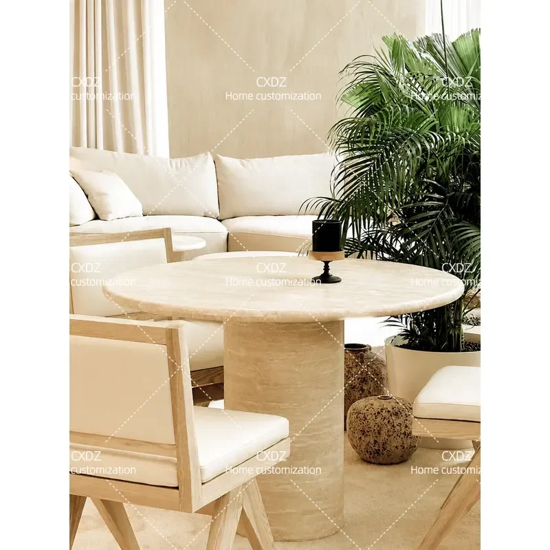 Wabi Sand Wind Natural Travertine Round Dining Table Household Small Unit Model Room Designer Marble Round Table