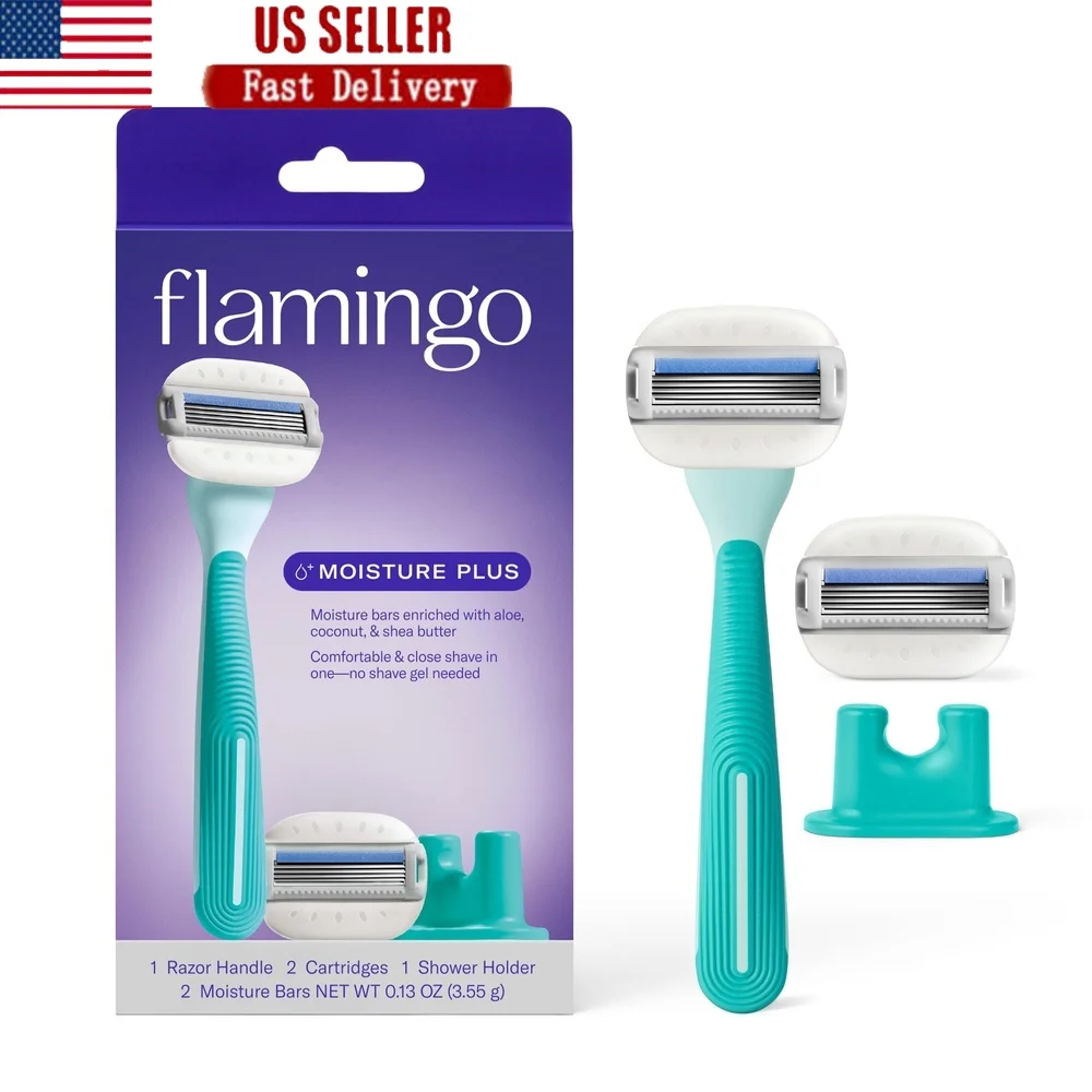 Women's Moisture Plus Razor Set with Ergonomic Handle 4 Stainless Steel Blades 2 Refill Cartridges Shower Holder No Gel Needed