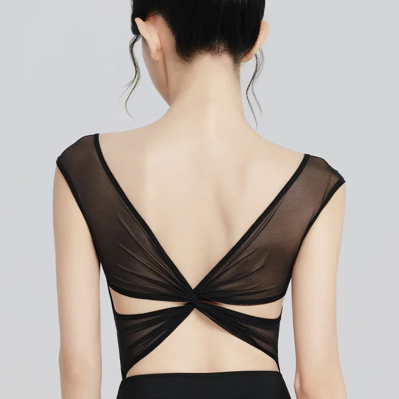 Nowe damskie trykoty baletowe Camisole Mesh Splice body bez rękawów skrzyżowane plecy gimnastyka kostiumy baletowe stroje kąpielowe