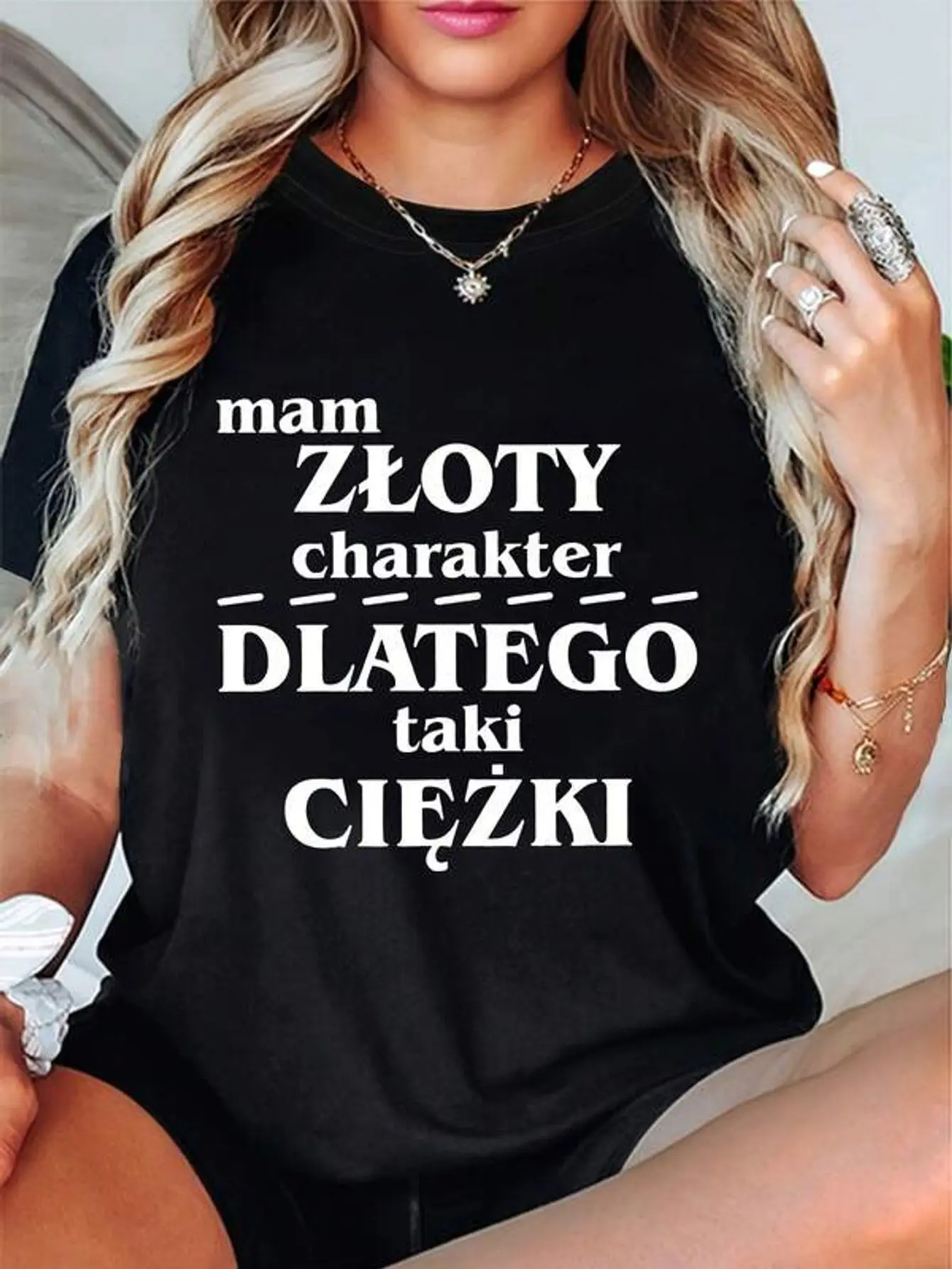 Plus Size, Mam ZLOTY Charakter DLATEGO Taki CIEZKI Letter Print Plus Size Women's T-Shirt, Short Sleeve Crew Neck Casual Top For Summer & Spring, Women's Clothing