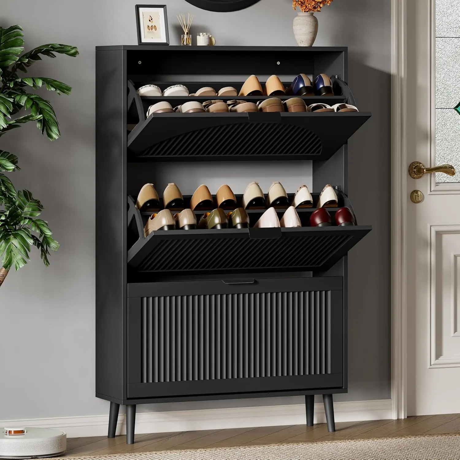 

Shoe Storage Cabinet with 3 Flip Drawers, 50" Tall Narrow Wood Fluted Shoe Organizer for Entryway, Freestanding Wooden