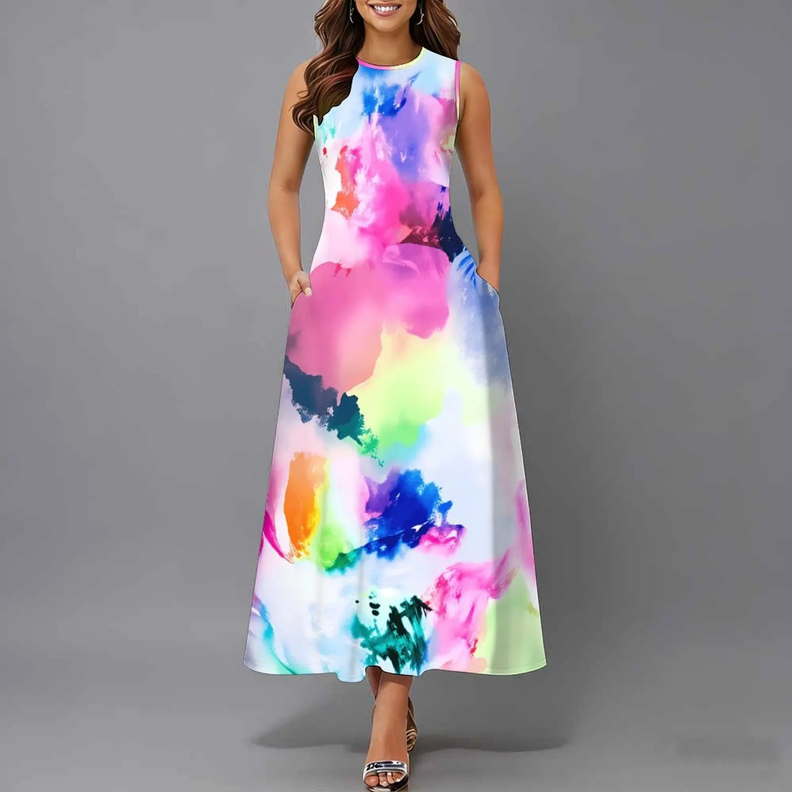 Women Sleeveless Long Maxi Dress With Pockets 3D Oil Painting Print Casual Loose Summer Vacation Party Sundress