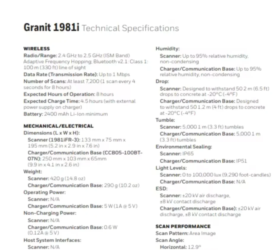 Honeywell Granit 1981i 2D sem fio de nível industrial com imagem de área de alcance completo