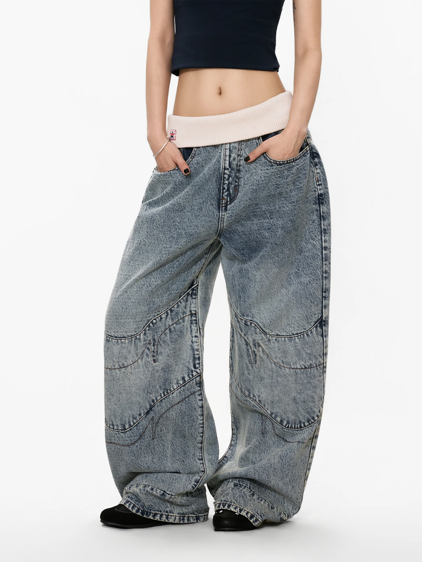 

S3T5 Washed Denim Pants High Waist Patchwork Design Loose Straight Leg Floor-Length Women's Vintage American Style Jeans