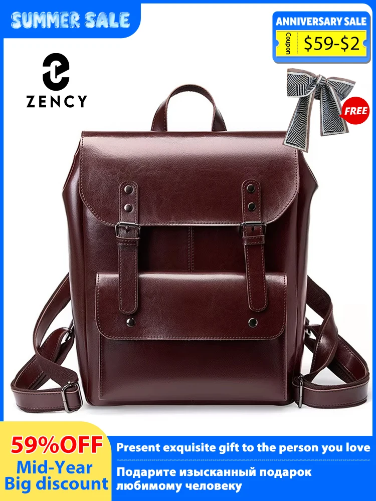 Zency England Style Genuine leather Women Travel Backpack Large Capacity For 14 inch Laptop Preppy Style Rucksack Wear Resistant
