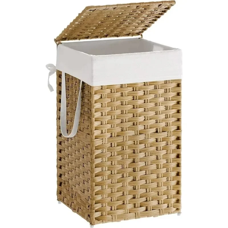 

Synthetic Rattan Laundry Hamper with Lid and Handles, 17.2 Gallon Clothes Basket, Foldable