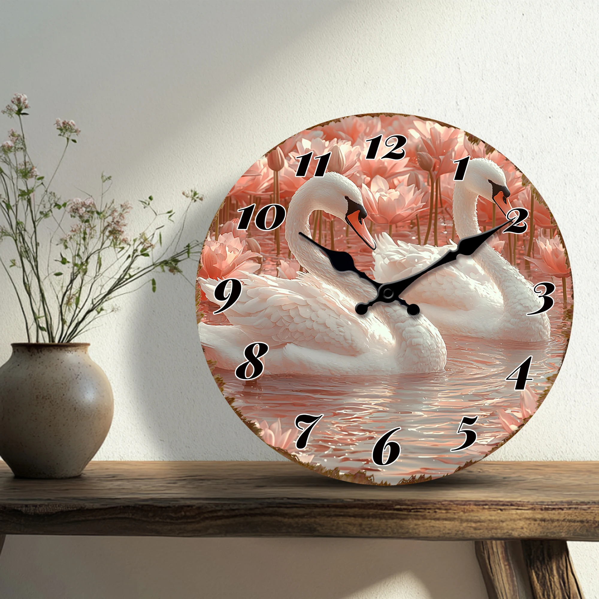 Elegant Swans Swimming Among Pink Lotus Flowers Round Wall Clock, Serene Pond Scene Decorative Silent Quartz Clock for Relaxatio