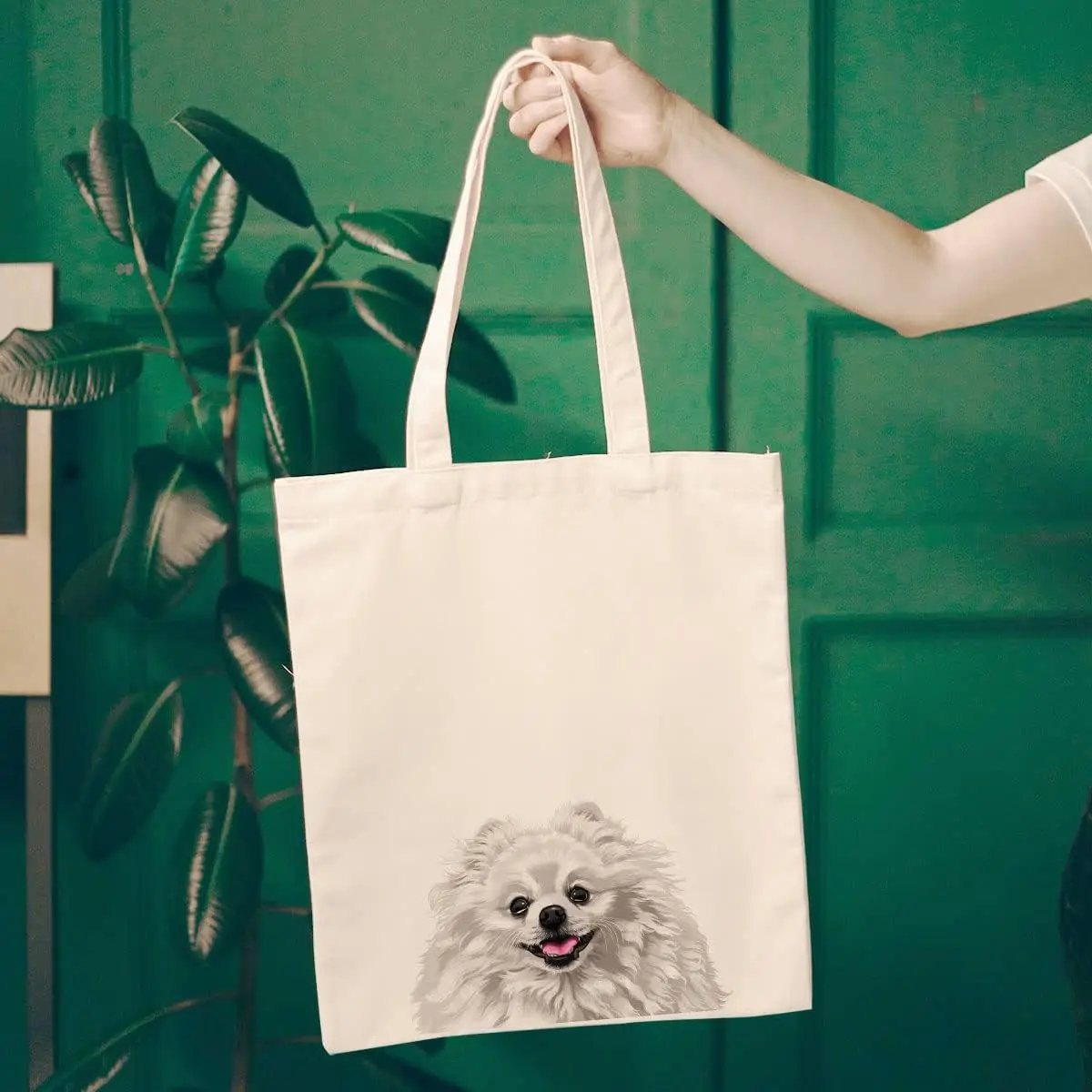 1pc Cute Pomeranian Dog Print Tote Bag for Women & Girls - Large Rectangular Beige Canvas-Like Handbag with Sturdy White Strap,