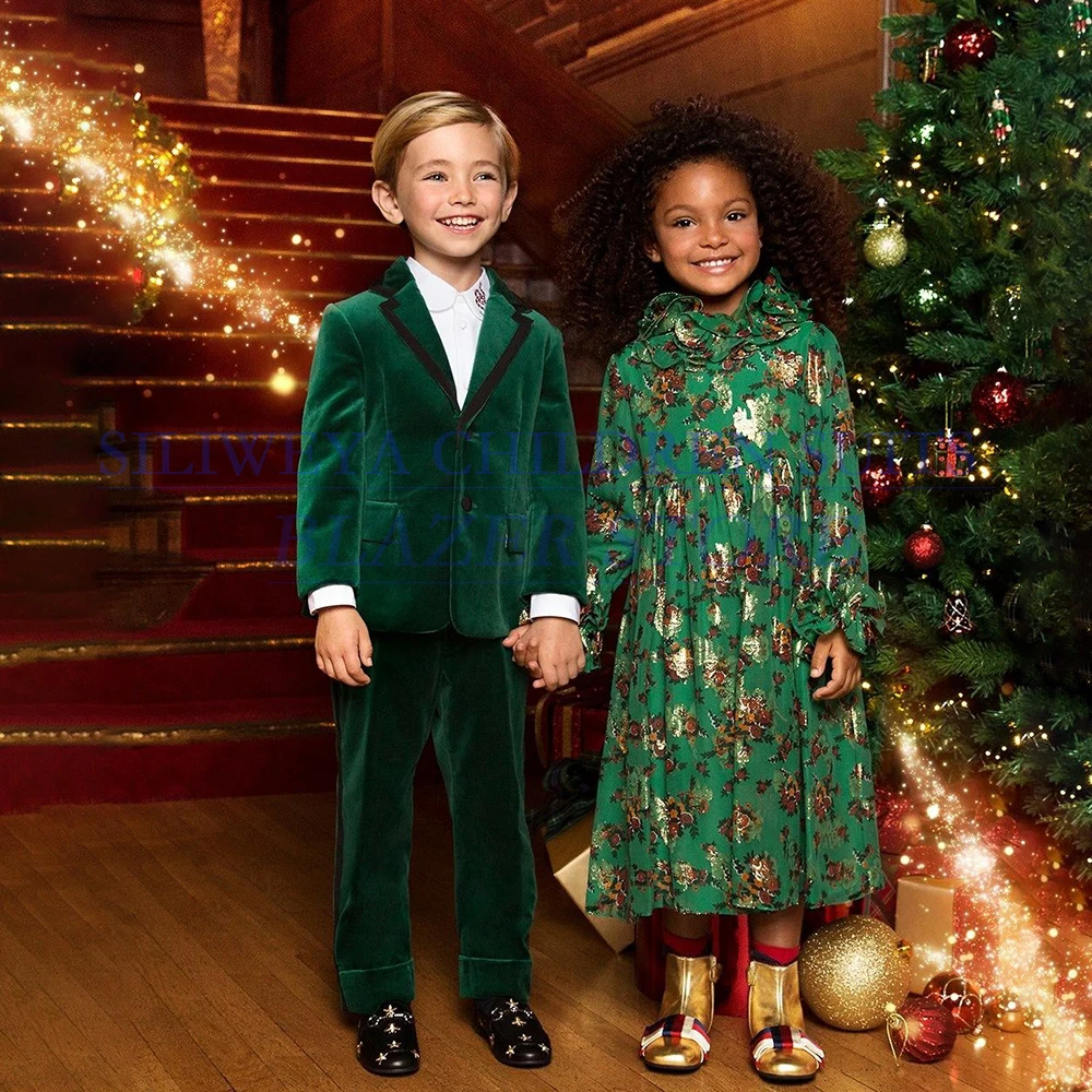 

Green Velvet Boy's Suits Fashion Single Breasted Notch Lapel Outfits Chic Wedding 2 Piece Jacket Pants Children Clothing Sets