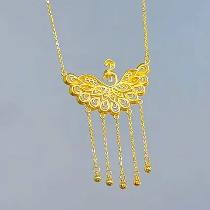 New AU999 gold jewelry peacock pendant 24K pure gold tassel clavicle chain fashionable ladies necklace set chain wedding