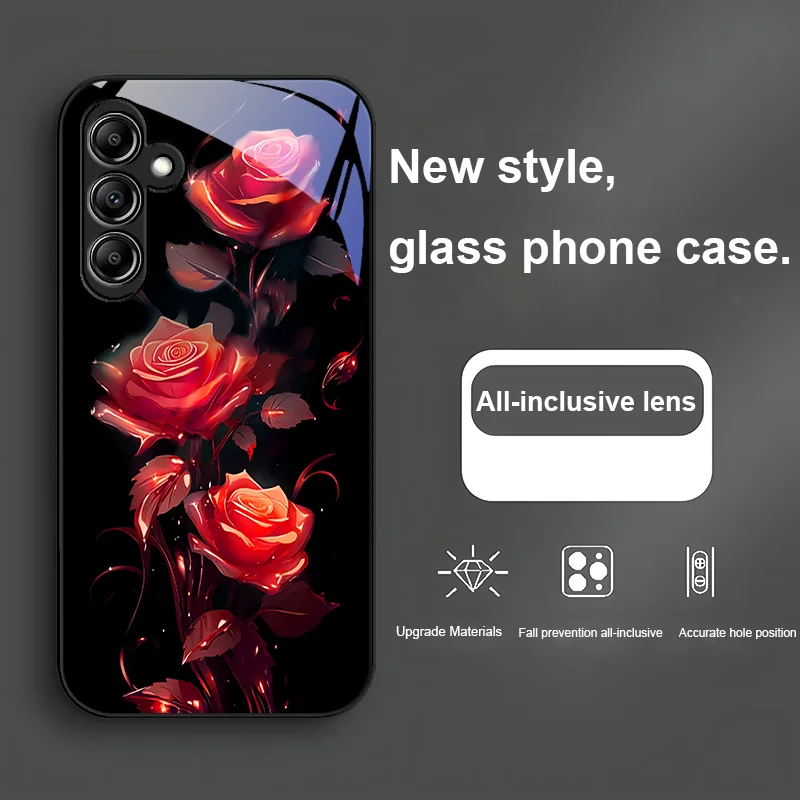 Glass Phone Case For Samsung Galaxy A01 A02 03 Core A04 A14 4G A13 54 34 31 20 25 23 22 5G S21 Ultra S20 Brilliant Rose Red