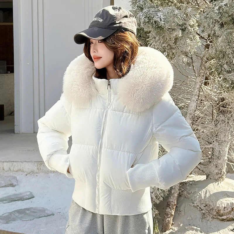 2026 Fashion Down Cotton-padded Jacket Women's Winter Short Parkas Thicken Fur-collar Hooded Warm Outerwear Slim Student Coats