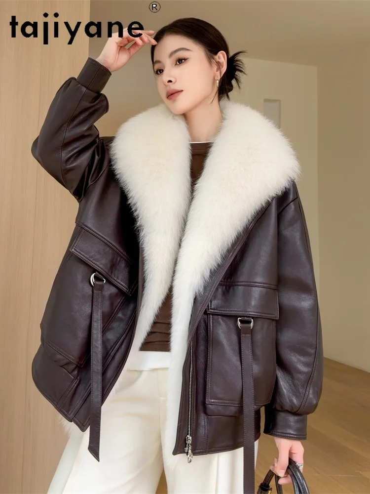 TAJIYANE سترة جلدية من جلد الغنم امرأة الثعلب الفراء طوق أوزة أسفل معاطف قصيرة سترات من الجلد الحقيقي 2025 ملابس الشتاء النساء long cokт #4