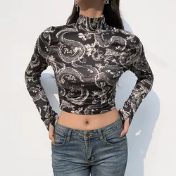 Women's Dragon Print Y2k T-Shirts Femme Clothing 2023 Indie Harajuku Turtleneck Skinny Long Sleeve Gothic Aesthetic Crop Top Tee