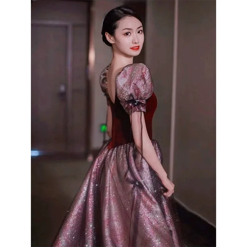 Elegancka suknia wieczorowa z bufiastymi rękawami 2026 Nowa suknia ślubna na toast Egzamin artystyczny Wokalna prowadząca Chór Zaręczyny Sukienka wieczorowa na ramiączkach