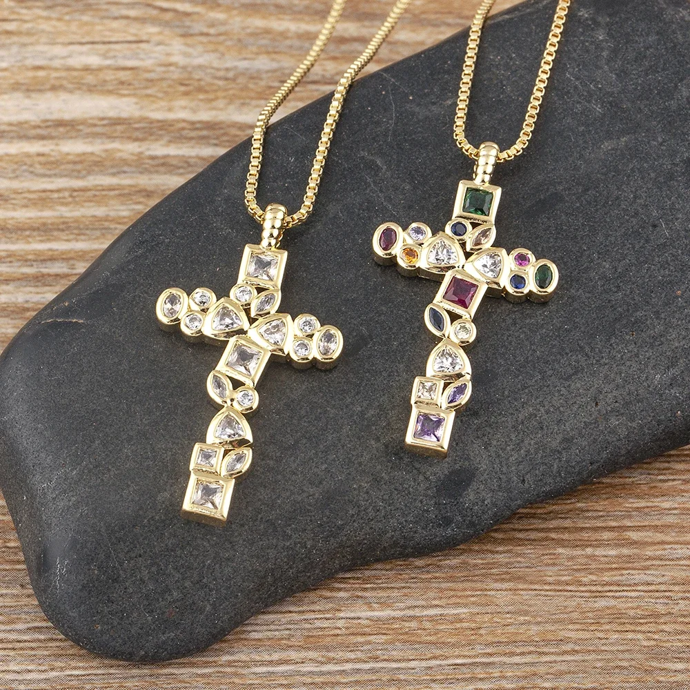 Nidin Classic Creative Geometric Design Retro Shiny Zircon Cross Pendant   Fashion Gold Plated Crystal Choker Necklace Jewelry