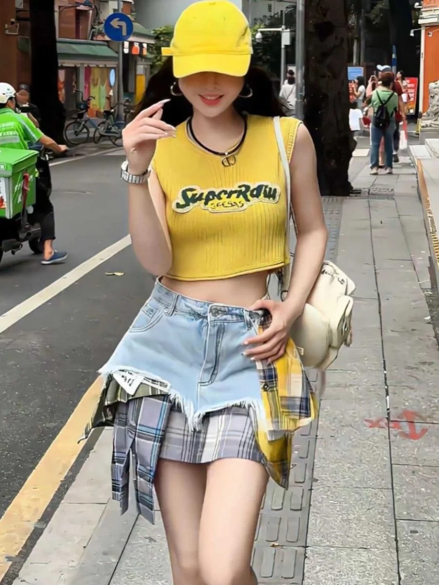 Women's Denim Skirt Colored Plaid Patchwork Irregular Deconstructed A-line High Waist Mini Skirt 2025 Summer New Fashion Vintage